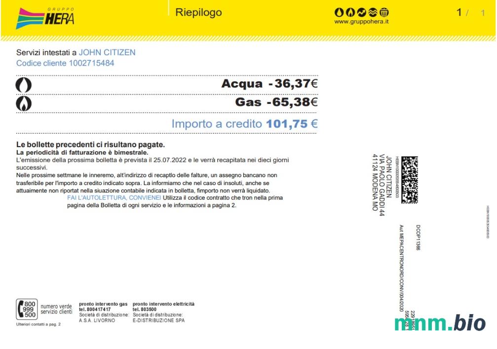 Italy Gruppo Hera rachunek za media, Word i PDF template